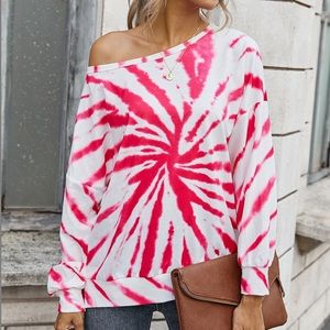 HotPink & White Tie-Dye Shoulder drop Top